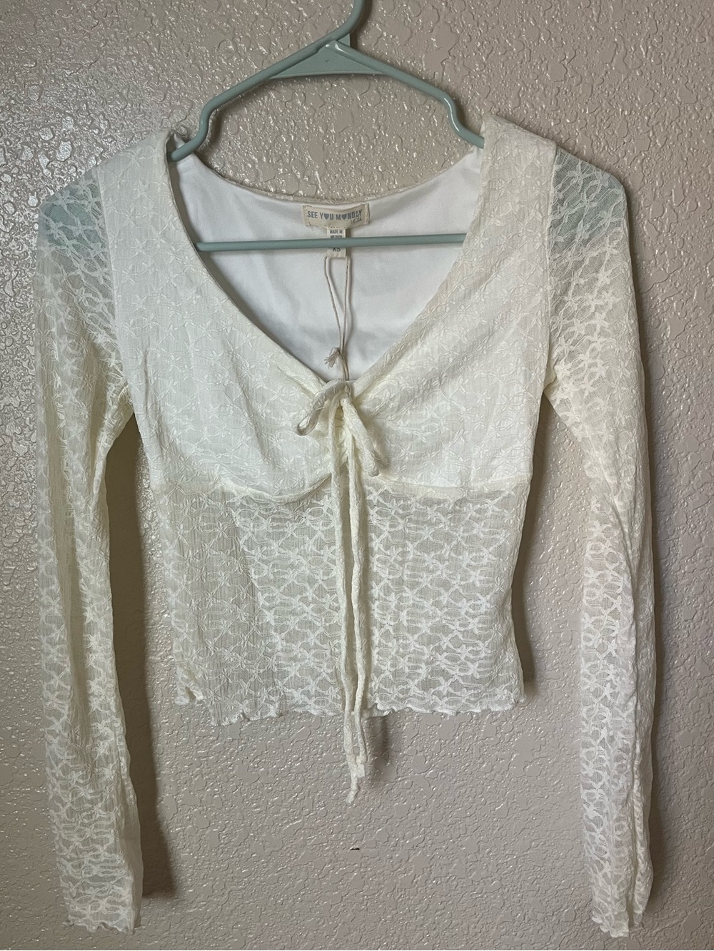 White Lace Tie-Front Long Sleeve Top